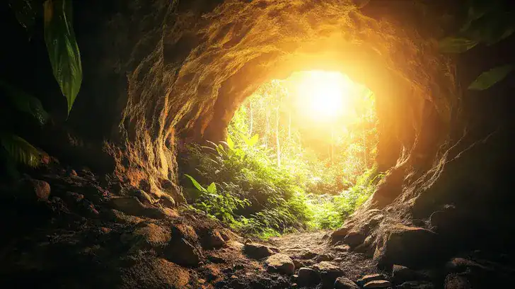 Sunlight shining into a lush cave opening with greenery inside.