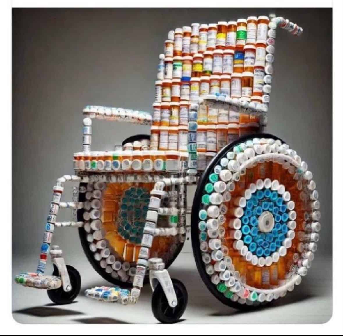 Creative wheelchair sculpture made from colorful pill bottles and medication containers.