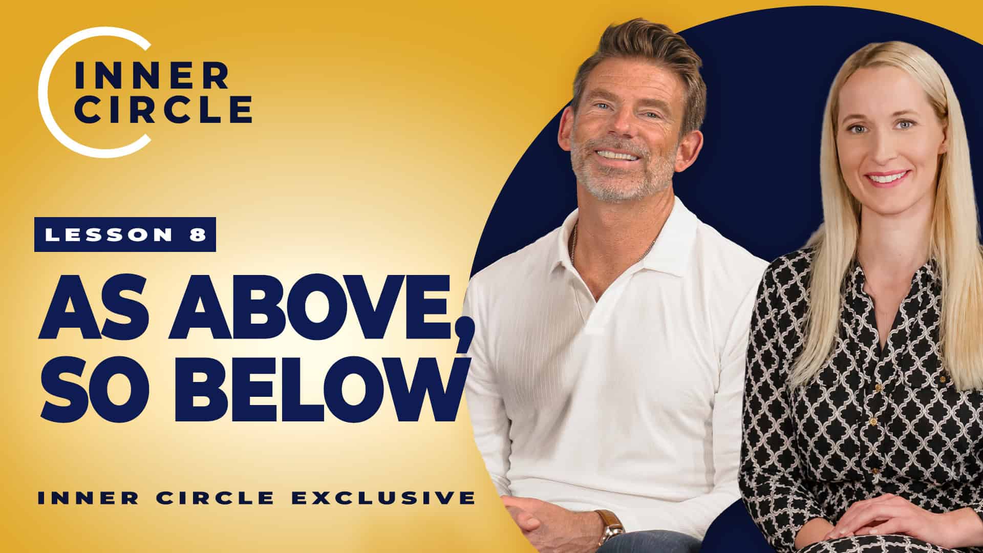 Two smiling adults, a man and a woman, in a promotional image for Lesson 8.