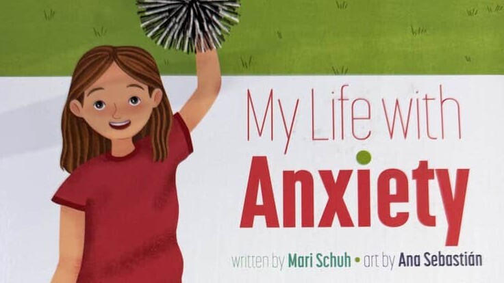 Children playing outside with a girl holding pom-poms, book cover about anxiety in kids.